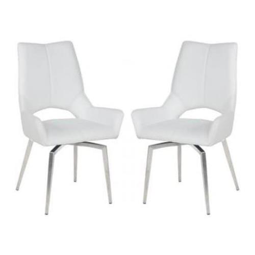 Scissett Swivel White Faux Leather Dining Chairs In Pair