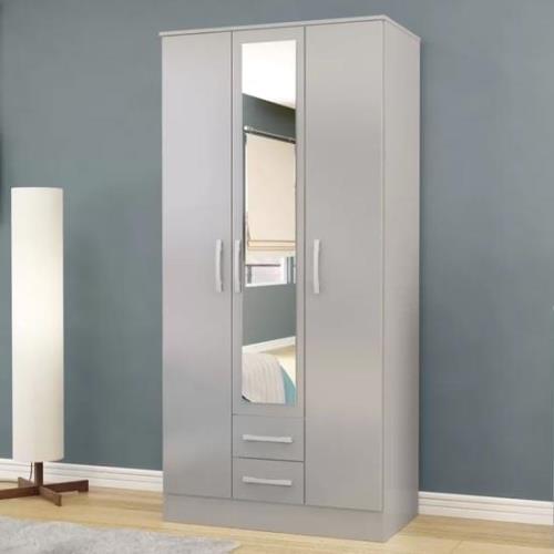 Lynn Mirrored Wardrobe With 3 Door In Grey High Gloss