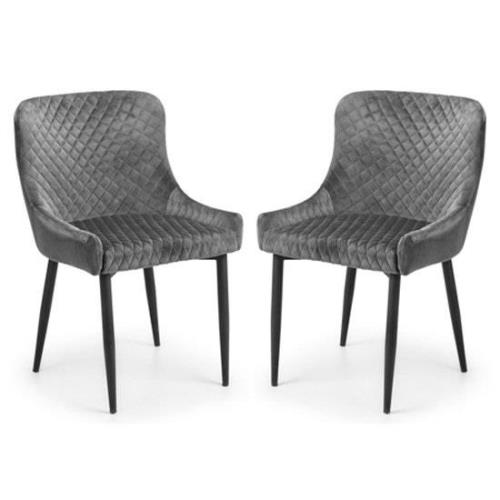 Lakia Grey Velvet Dining Chairs With Black Legs In Pair