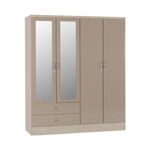 Mark Oak Wooden Wardrobe With 4 Doors Oyster Gloss Front