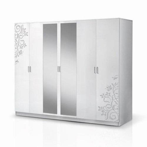 Mayon Mirrored 6 Doors Wardrobe In Flower Pattern White Gloss