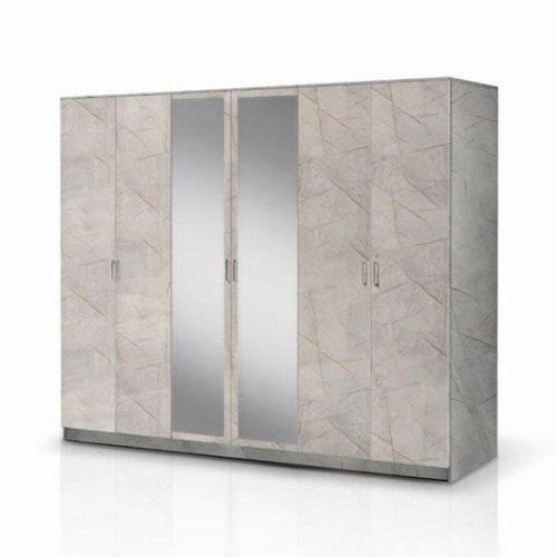 Mayon Mirrored Wooden 6 Doors Wardrobe In Grey Marble Effect