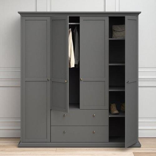 Paroya Wooden 4 Doors 2 Drawers Wardrobe In Matt Grey