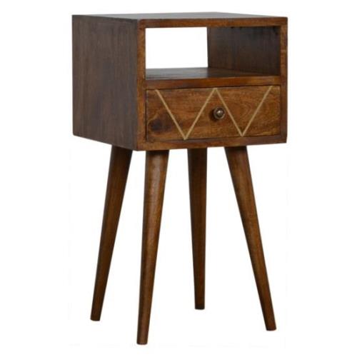 Amish Wooden Petite Brass Inlay Bedside Cabinet In Chestnut