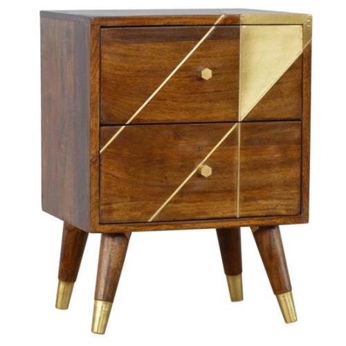 Bethel Wooden Gold Geometric Bedside Cabinet In Chestnut