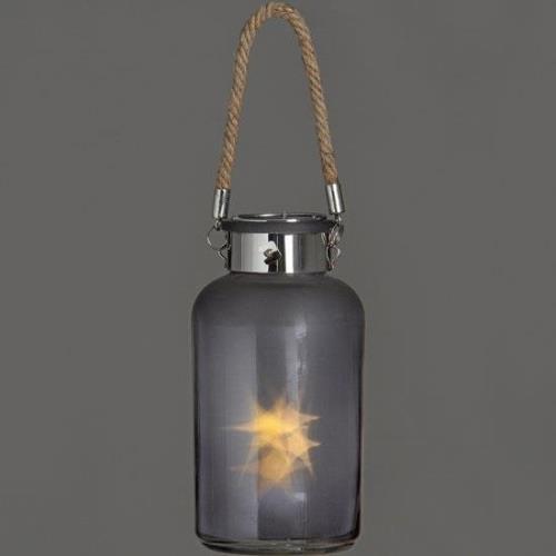 Lair Small Frosted Grey Glass Lantern With Rope And Interior LED