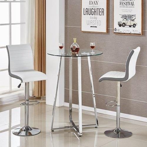 Poseur Clear Glass Bar Table With 2 Ritz White Grey Bar Stools