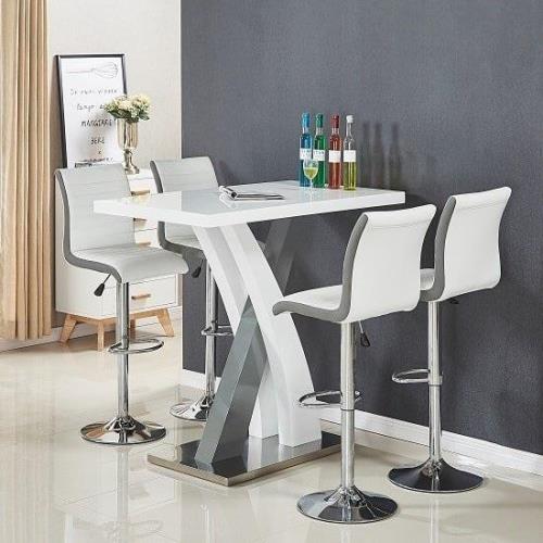 Axara White Grey Gloss Bar Table With 4 Ritz White Grey Stools