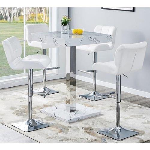 Topaz Vida Marble Effect Gloss Bar Table 4 Candid White Stools