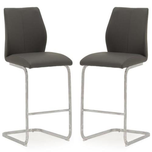 Bernie Grey Leather Bar Chairs With Chrome Frame In Pair