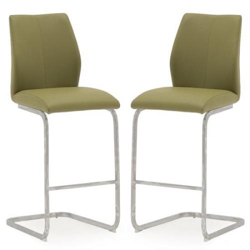 Bernie Olive Leather Bar Chairs With Chrome Frame In Pair