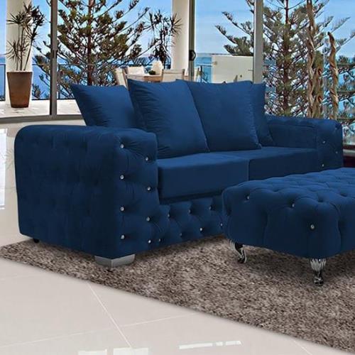 Worley Malta Plush Velour Fabirc 3 Seater Sofa In Navy