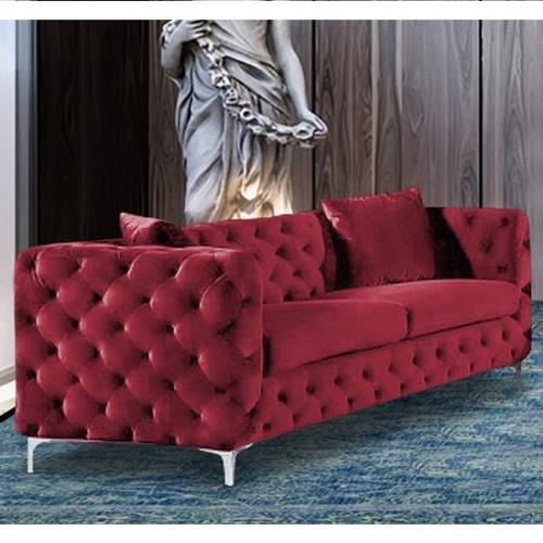 Mills Malta Plush Velour Fabric 3 Seater Sofa In Red