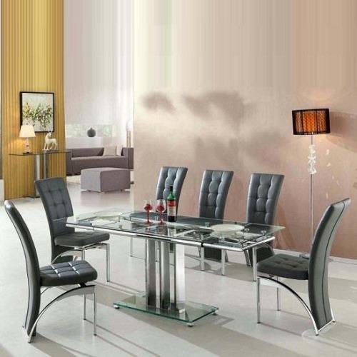 Rihanna Extending Clear Glass Dining Table 6 Ravenna Grey Chairs