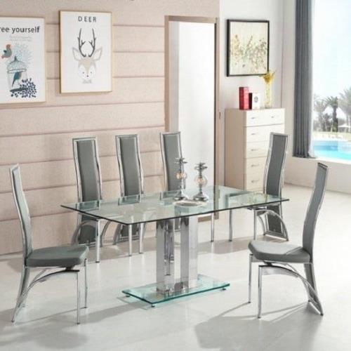 Jet Large Glass Dining Table In Clear With 6 Chicago Grey Chairs