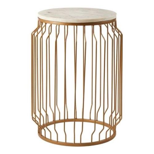 Shalom Round White Marble Top Side Table With Gold Wired Frame