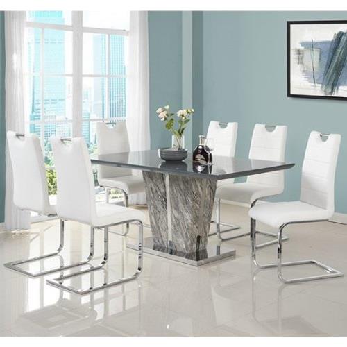 Melange Marble Large Dining Table With 6 Petra White Chairs