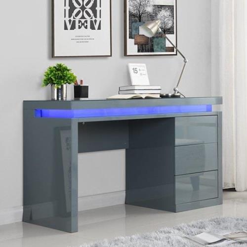 Emerson High Gloss Computer Desk In Grey With LED Lighting