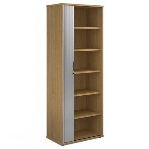 Upton 1 Door Tambour Storage Cabinet In Oak With 5 Shelves