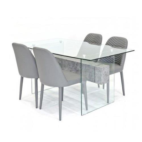 Halley Glass Dining Table Rectangular In Clear And 4 Grey Chairs