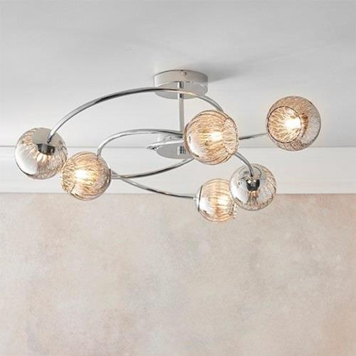 Aerith 6 Lights Smoked Glass Semi Flush Ceiling Light In Chrome