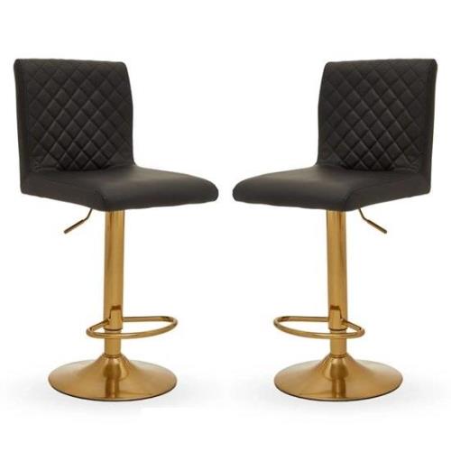 Baino Black Leather Bar Chairs With Round Gold Base In A Pair