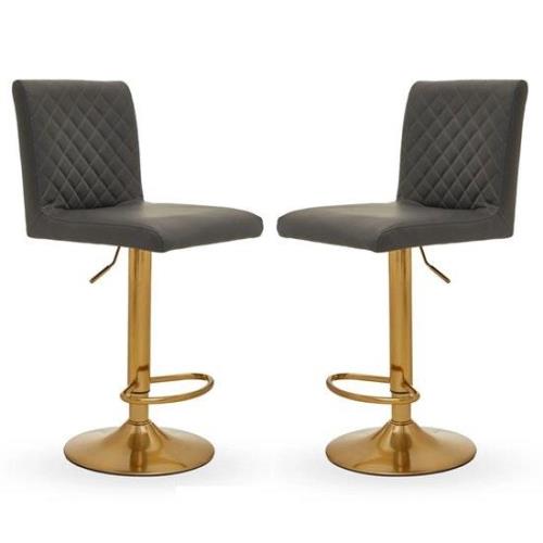 Baino Grey Leather Bar Chairs With Round Gold Base In A Pair