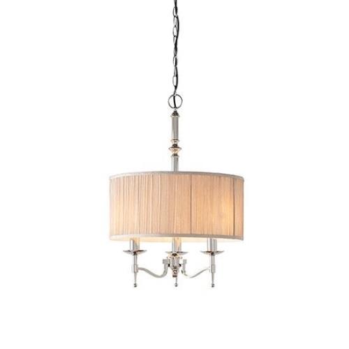 Stanford Round Pendant Light In Nickel With Beige Shade