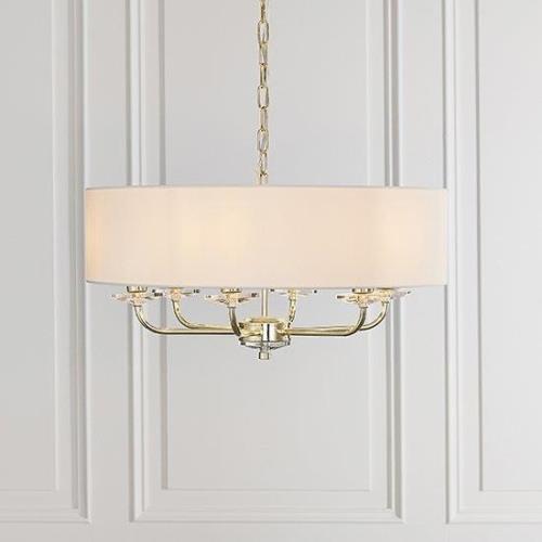 Nixon 6 Lights White Fabric Pendant Light In Brass