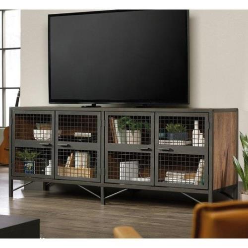 Beckley Wooden TV Stand With 4 Doors In Black And Vintage Oak