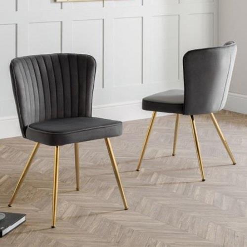 Caledon Grey Velvet Dining Chair With Gold Metal Legs In Pair