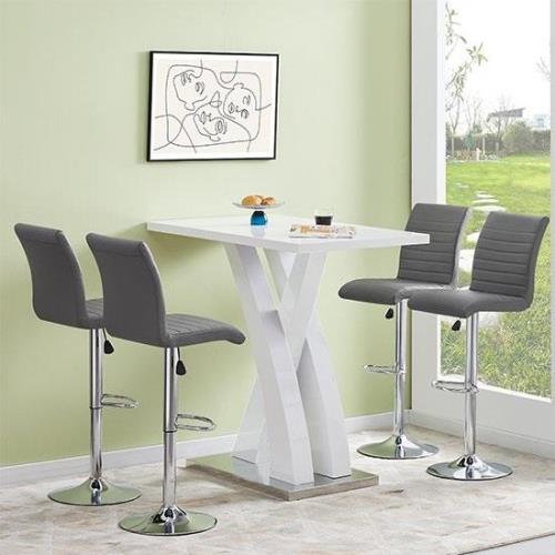 Axara White High Gloss Bar Table With 4 Ripple Grey Stools