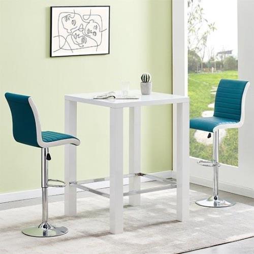 Jam Square Glass White Gloss Bar Table 2 Ritz Teal White Stools