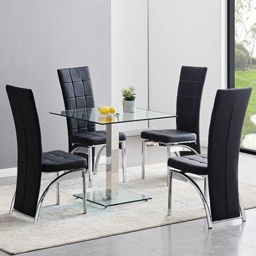 Hartley Clear Glass Dining Table With 4 Ravenna Black Chairs