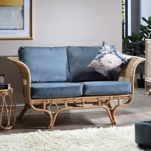 Benoni Rattan 2 Seater Sofa With Blue Seat Cushion