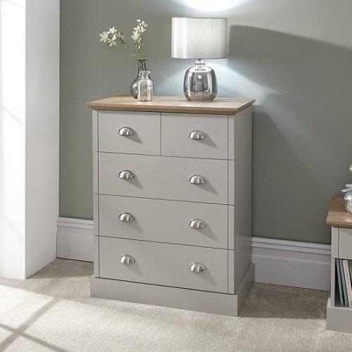 Kirkby Large Chest Of Drawers In Soft Grey With Oak Effect Top