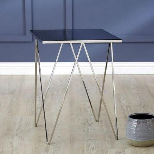 Shalom Square Black Glass Top Side Table With Silver Legs