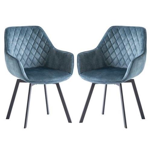 Viha Swivel Teal Velvet Dining Chairs In Pair