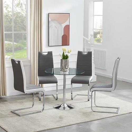 Dante Clear Glass Dining Table With 4 Petra Grey White Chairs