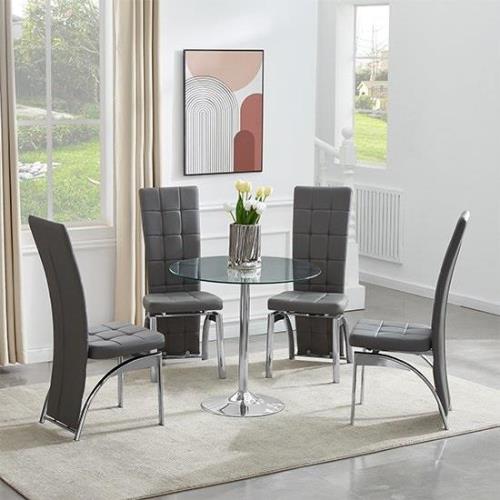 Dante Clear Glass Dining Table With 4 Ravenna Grey Chairs