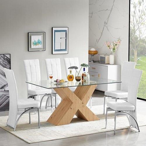 Zanti Glass Dining Table With Oak Base 6 Ravenna White Chairs