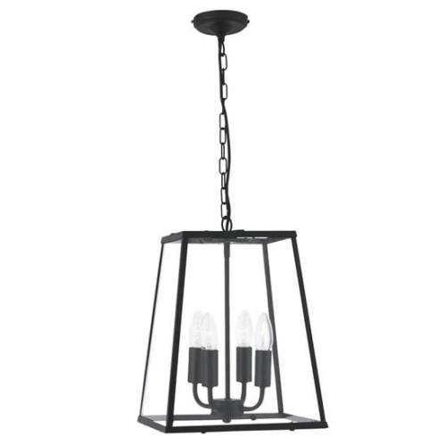 Lantern 4 Lights Triangle Glass Ceiling Pendant Light In Black