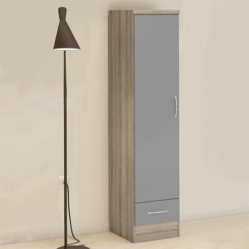 Mack Light Oak Wooden Wardrobe With 1 Door Grey Gloss Front