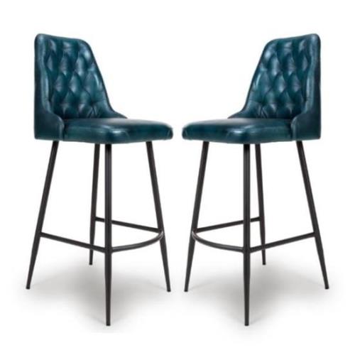 Basel Blue Genuine Buffalo Leather Bar Chairs In Pair