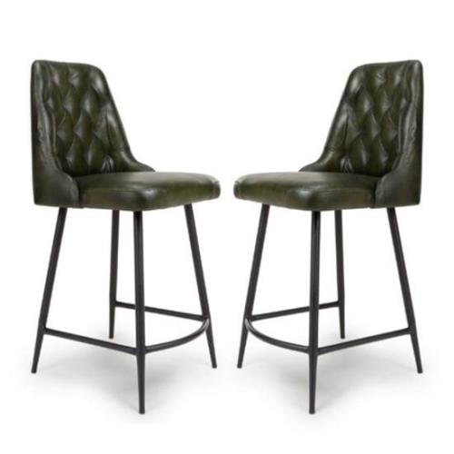 Basel Green Genuine Buffalo Leather Counter Bar Chairs In Pair