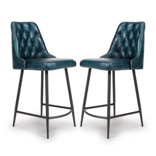 Basel Blue Genuine Buffalo Leather Counter Bar Chairs In Pair