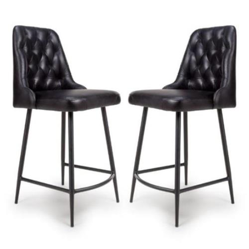 Basel Black Genuine Buffalo Leather Counter Bar Chairs In Pair