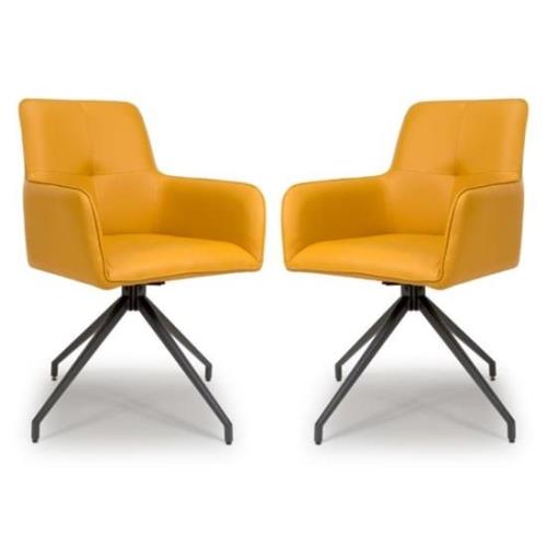 Novato Swivel Ochre Faux Leather Dining Chairs In Pair