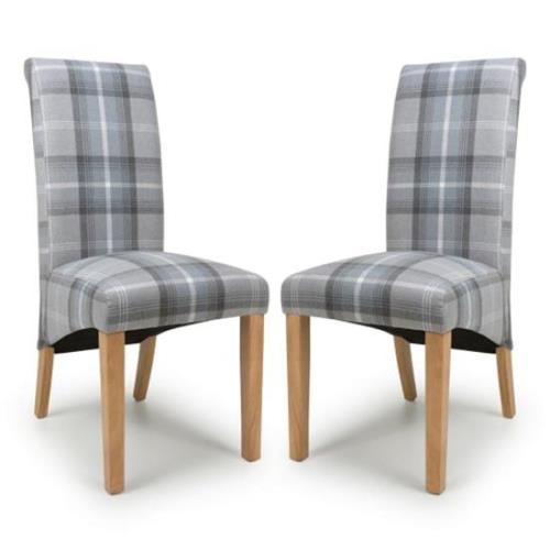 Kaduna Check Grey Fabric Dining Chairs With Oak Legs In Pair