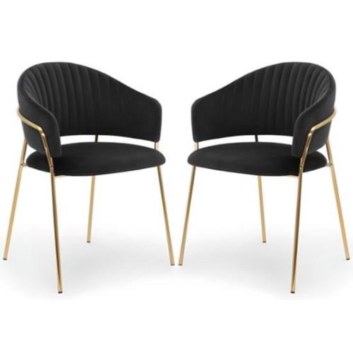 Monzo Black Velvet Dining Chairs With Gold Legs In Pair